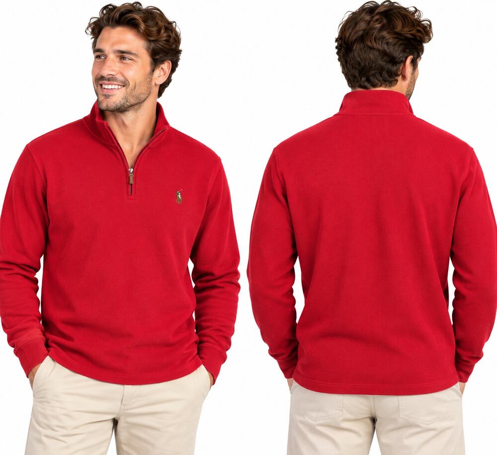 Polo Ralph Lauren Estate Rib 1/4 Zip Sweater Mens L Red Cotton Pony